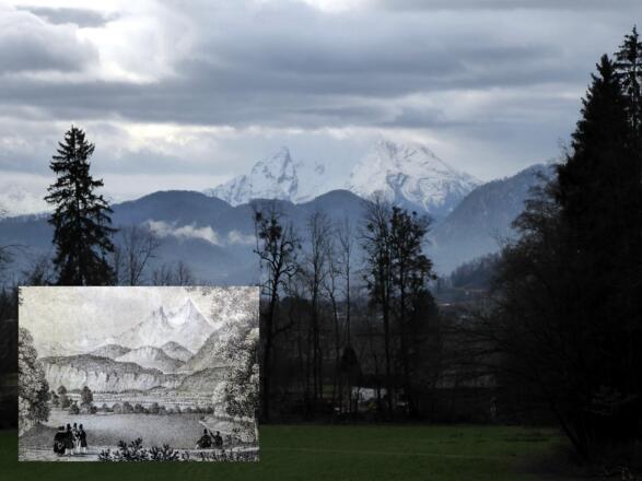 Der Watzmannblick in einer Grafik aus dem Jahr 1835 und so wie er sich auch heute noch präsentiert.