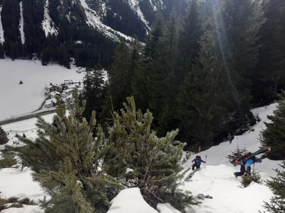 Am Wanderweg auf ca. 1600 m, im in niedrigen Jahren schneearmen Winter 2024 mühsamer Wechsel von aperen und Schneepassagen