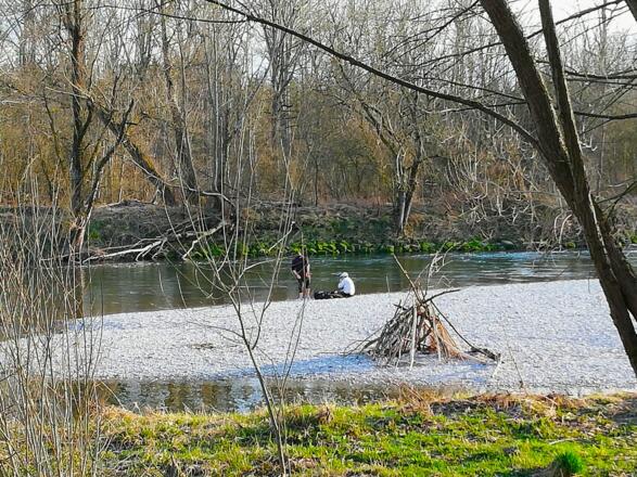 Das Flußufer der Isar mit Kiesbank in den Isarauen