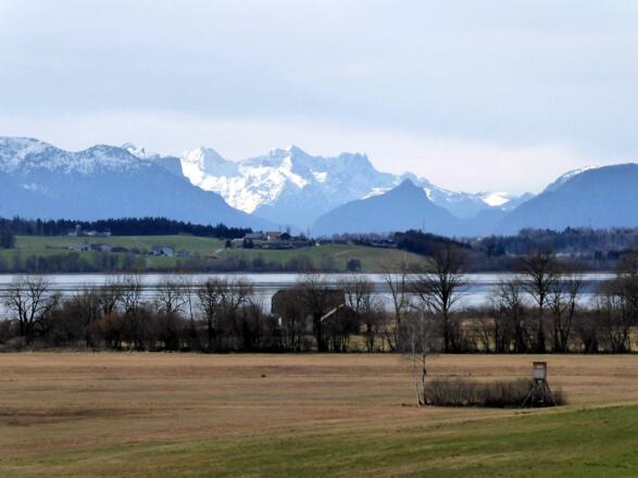 Weite Aussichten mit Blick über die Moorwiesen und den Wallersee bis hin zum Hochkalter.
