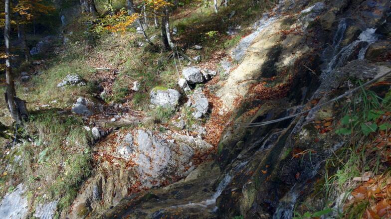 Heikle Bachquerung am Jagdsteig Karbertalgraben