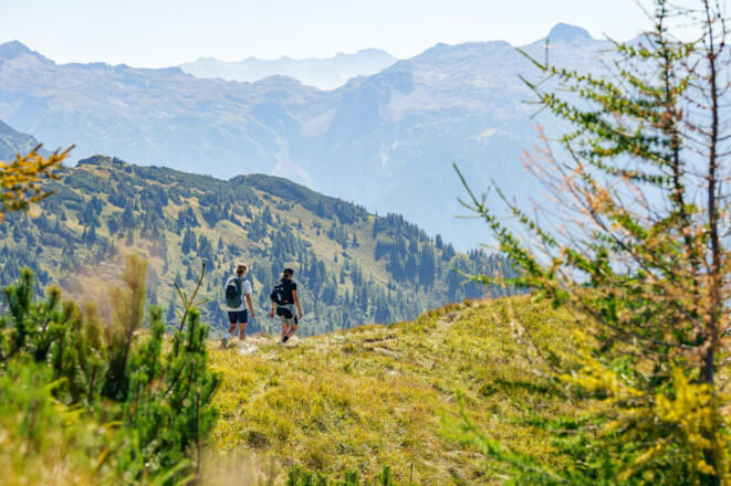 Wanderer am Weg zum Aussichtsberg Lackenkogel