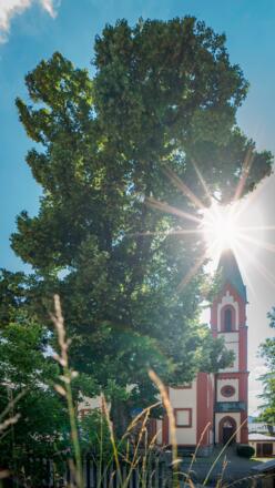 Turm der evangelisch-lutherischen Christuskirche in Tegernsee