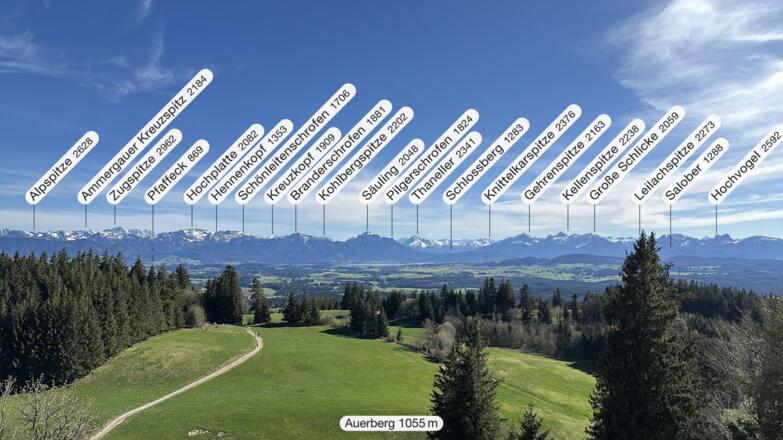 Alpenpanorama von der Aussichtsplattform auf der Kirche St. Georg auf dem Auerberg