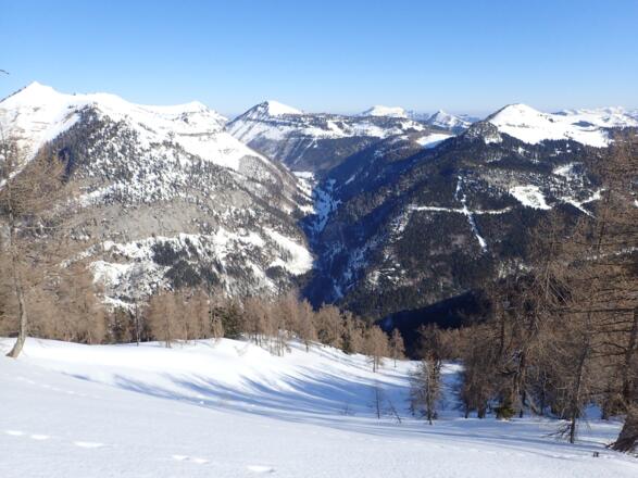 Blick über die Einbergabfahrt in den Zinkenbachgraben, links Egelseehörndl, rechts Labenberg