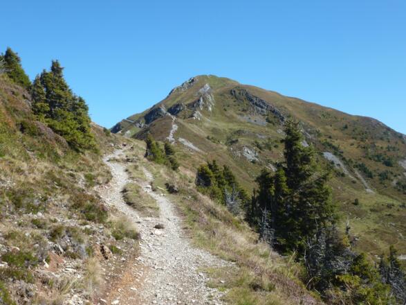 Zuletzt führt ein etwas steilerer Trail auf die Nordseite des Gipfelaufbaus.