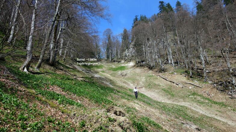 Heikle Steilstufe am Jagdsteigbeginn, kein Pfad...