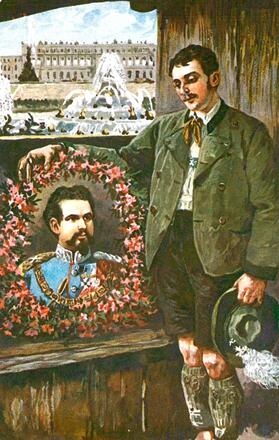Postkarte von König Ludwig II. und dem Schloss Herrenchiemsee