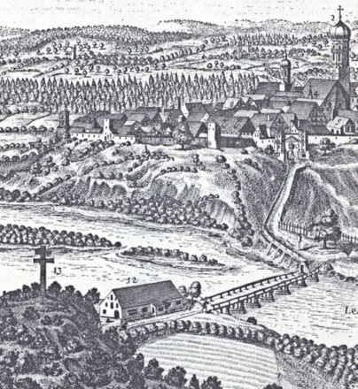 Schongauer Zimmerstadel an der Lechbrücke im Stich von Michael Wening 1699