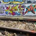 Im Vordergrund: Stillgelegte Gleise; im Hintergrund: Bahnhofsmauern voller Graffiti