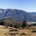 Weitblick oberhalb der Seewaldhütte. Rechts der Achensee, geradeaus das Rofan und links die bayerischen Voralpen
