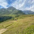 Blick über die Bergwiesen zur Krimpenbachalm und zum 2646 m hohen Rosskogel.