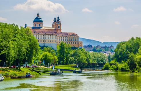 View of abbey in Melk from the Danube
