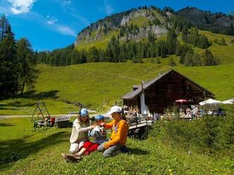 Auf der freundlichen Igltalalm darf mit der Katze des Hauses gespielt werden.