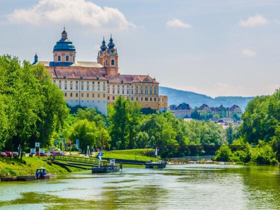 View of abbey in Melk from the Danube