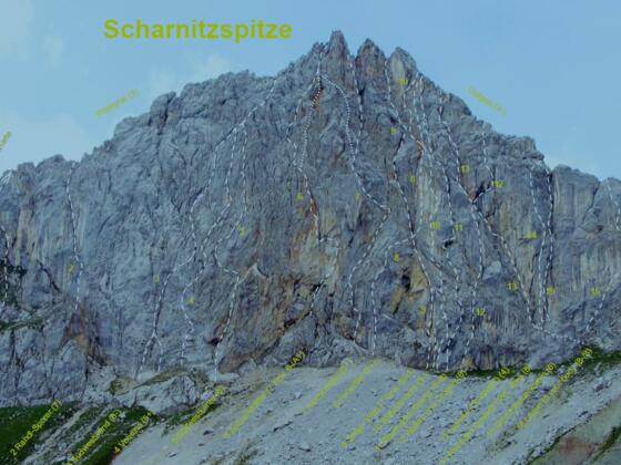 Übersichtsfoto der Routen an der Scharnitzspitz, Archiv Hangl