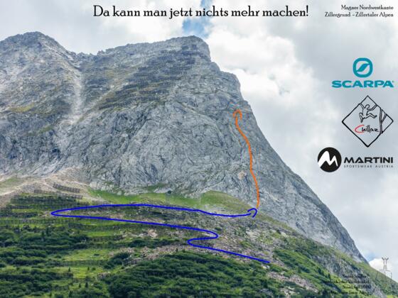 Übersichtsbild der Klettertour "Da kann man jetzt nichts mehr machen" über dem Zillergrund - Topo