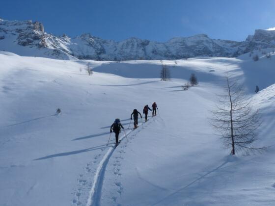 Die mittelsteilen Hänge oberhalb der Inneren Zeischalm bieten häufig herrlichen Skigenuss.