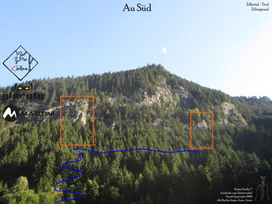 Au Süd - Übersichtsbild Kletterfels im Zillertal (Zillergrund)