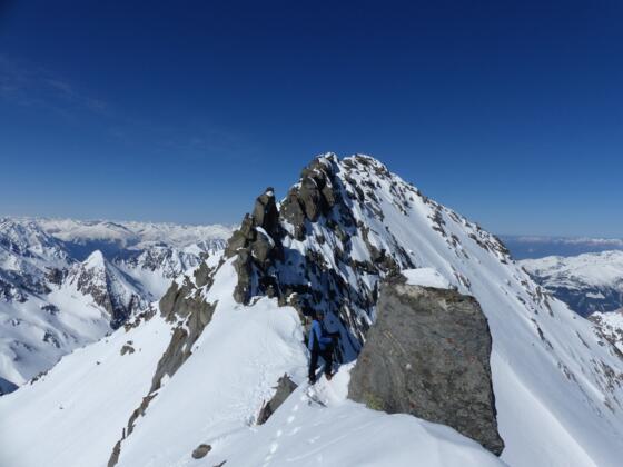 Blick über den schmalen Ostgrat zum Gipfel des Zillerkopfes (2995 m).