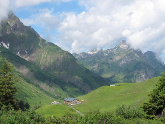 Die Batzenalpe, in deren altem Gebäude sich das Alpmuseum uf m Tannberg befindet. Dahinter ist die Walser Heimat uf m Büel zu erkennen. Im Hintergrund die Hochkünzelspitze
