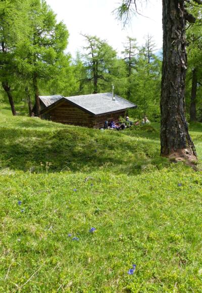 Kleine Hütten und Stadl säumen immer wieder den Weg zu den Eulenwiesen.