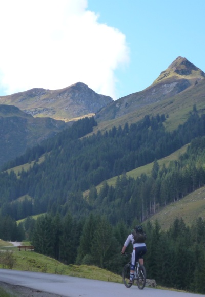 Am Anfang der Auffahrt zur Lindlingalm. Immer im Blickfeld: Die Felspyramide des Tristkogels.