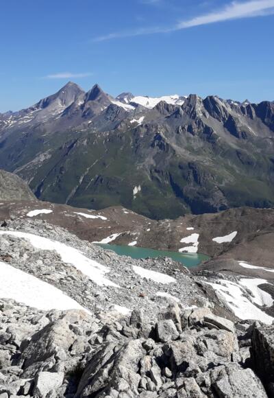 Aufstieg zum Lenksteinjoch; Röt- und Dreiherrenspitze, Großvenediger, davor der Panargenkamm