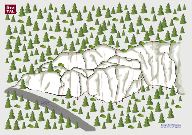 1. WIDIs Route - 4c, 2. Wolf - 4a, 3. Dohle - 4a, 4. Gams - 5b, 5. Wilde Maus - 6a, 6. Bär - 4a, 7. Dachs - 4c, 8. Fuchs - 5b, 9. Hase 5a 