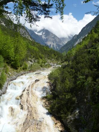 Vom Karwendelsteg aus, zu dem man als Variante weiter spazieren kann, sieht man den Karwendelbach aus dem Karwendeltal einem so entgegenstürzen