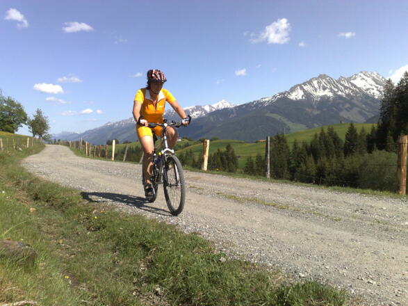 Fahrt am Hochmoor und im Hintergrund noch schneebeckte Berge der Hohen Tauern