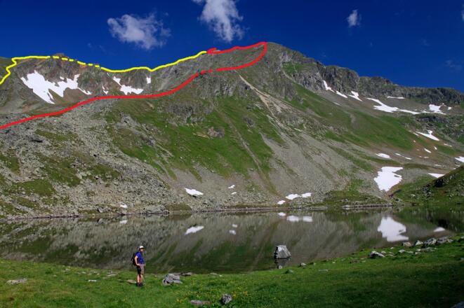 Lignitzsee & Graunock (rot: Aufstieg über den SSO-Grat, gelb: Abstieg über den SW-Grat)