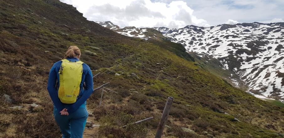 Der teilweise schlecht erkennbare Pfad Richtung Rosenjoch