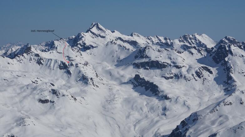 Steilabfahrt (rot markiert) - nur bei günstigen Bedingungen