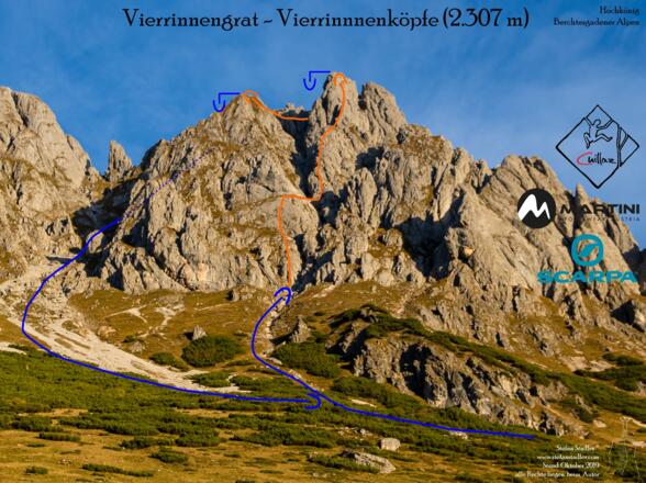 Topo Vierrinnengrat - Übersichtsbild Klettertour mit Route