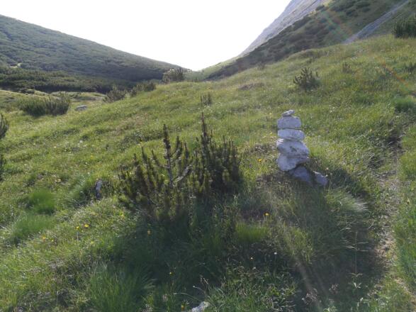 Steinmännchen zum Merken für den Rückweg - Saulajoch im Blick