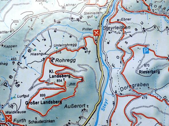 Wandtafel mit Karte Landsberge und Hüttenparkplatz Hochbuchberg