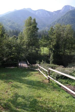 Die Brücke über den Langbathbach. Dahinter steht ein altes, ziemlich schäbiges Haus.