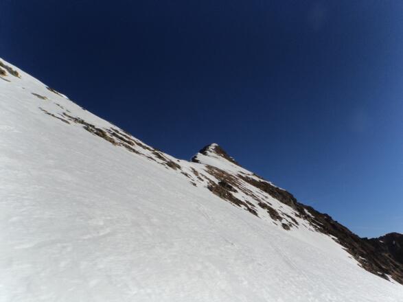 Blick hinauf zum Schafgrübler 2.921 m, am Grad dann an geeigneter Stelle das Schidepot.