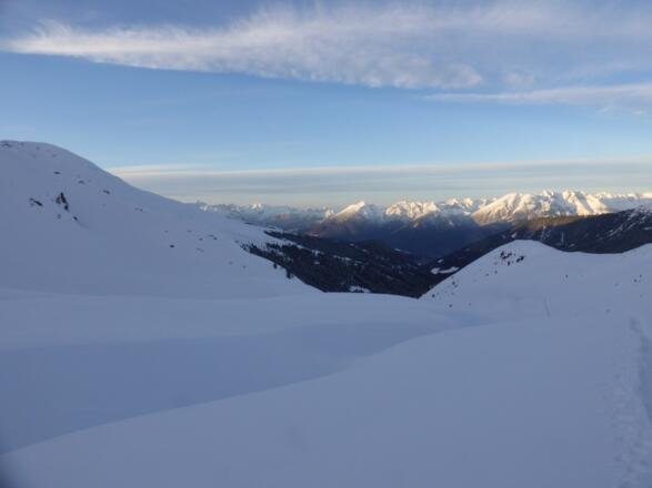 Abendstimmung über dem Schellenberg. Blick nach Norden zum Karwendel.