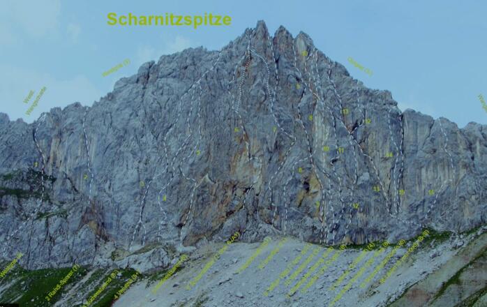 Übersichtsfoto der Routen an der Scharnitzspitz, Archiv Hangl