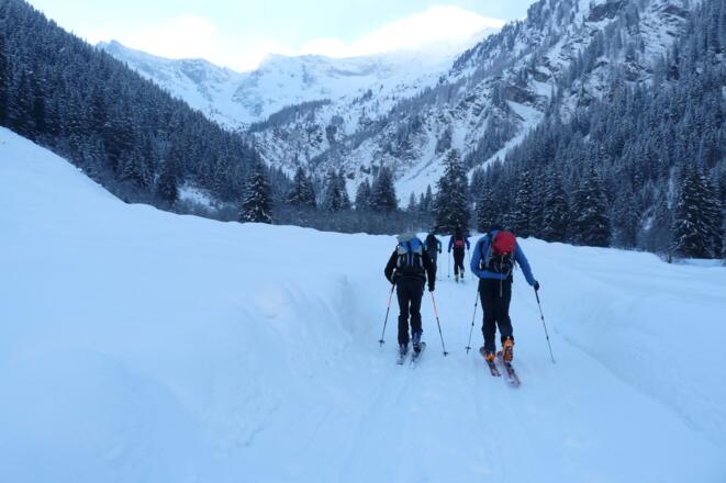 Kurz nach dem Parkplatz auf der Höhe der Nockeralm folgen wir der Forststraße in Richtung Talschluss.