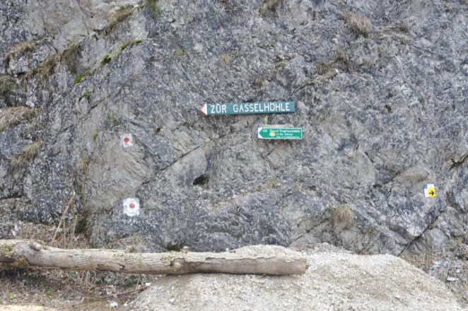 Wegweiser zur Gasselhöhle - Bis hierher gelangen wir über die Forststraße, ab hier beginnt sowohl der markierte offizielle Wanderweg als auch der Weg durch das Karbertal