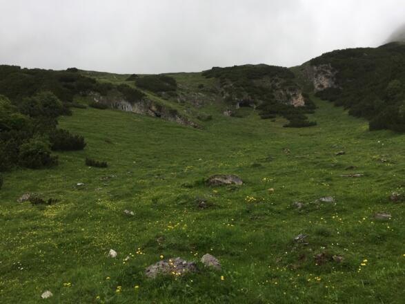 Rückblick auf die Abstiegsroute mit den kleinen Felsabsätzen, die zu umgehen sind