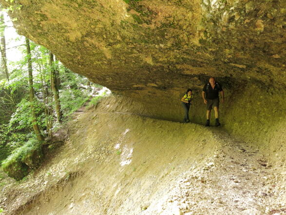 Die Kraft des Wasser erkennt man an dieser überhängenden Konglomeratwand
