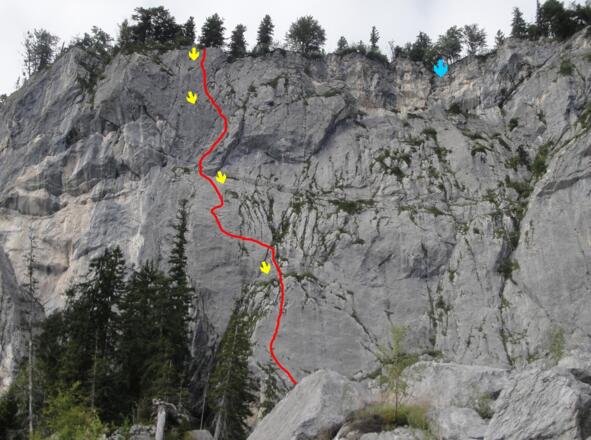 Stoahoma: Übersicht - rot: Routenverlauf / gelb: Abseilen über die Route/blau: weitere Abseilmöglichkeit