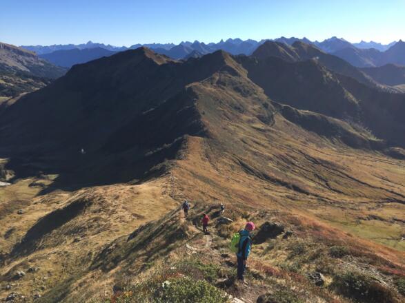 Abstieg vom Falzerkopf ins Niederhornbachjoch. Der Weiterweg über Kreuz- und Steinmandl ist gut erkennbar.
