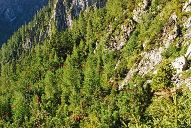 … wird auf ziemlich genau 1300 m der Durchstieg ins Finsterriegelkar angesteuert