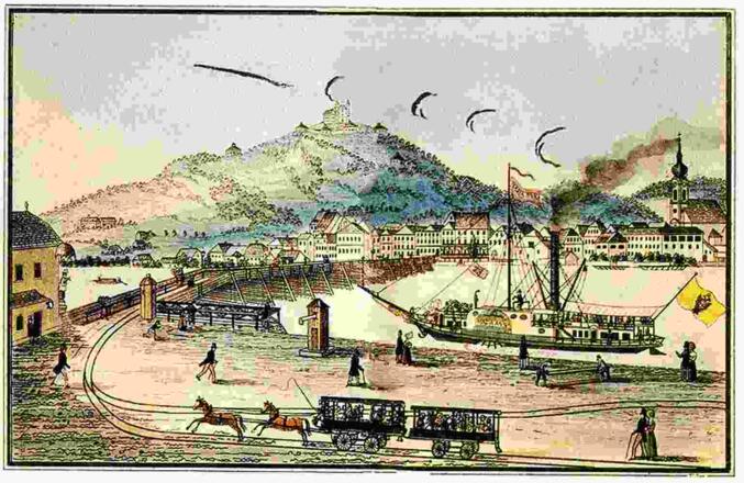 „Urfahr und der mit Thürmen befestigte Pöstlingberg bei Linz“