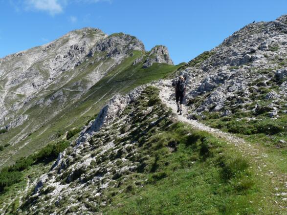 Am aussichtsreichen Steig kurz vor der Schutzhütte. Dahinter ragt die Reither Spitze empor.